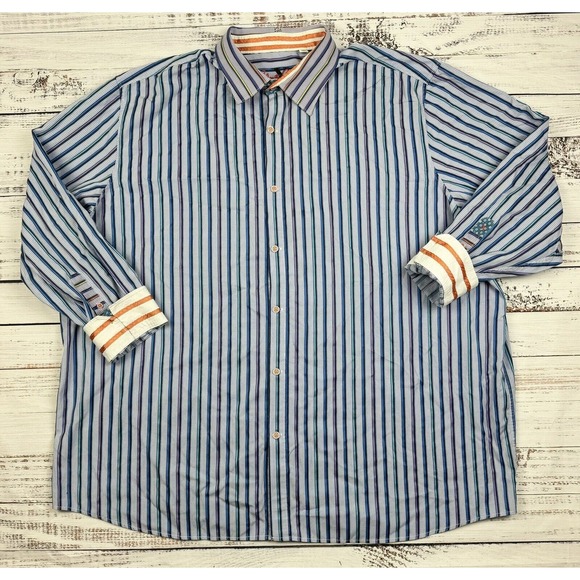 Robert Graham Men's Long Sleeve Flip Cuff Blue Gingham Striped Shirt Sz 3XL - Picture 2 of 4
